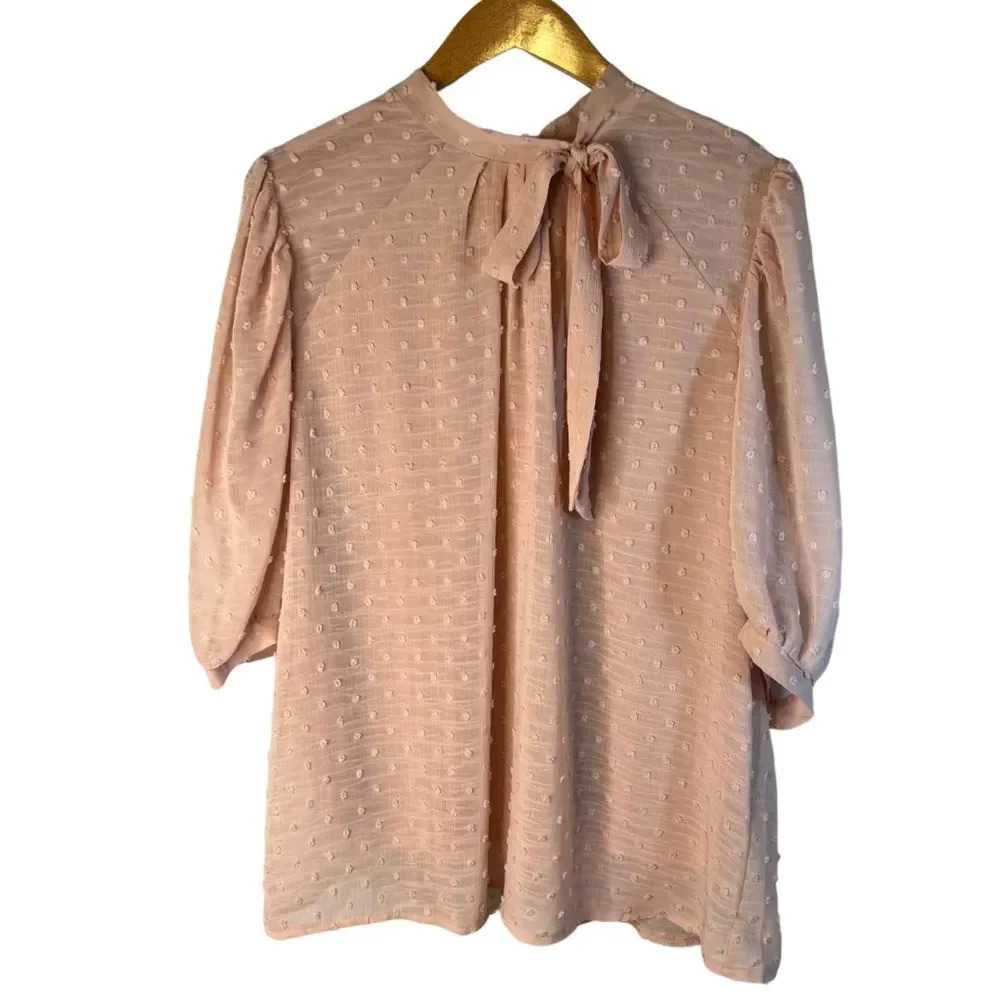 Luna‎ Rae 1/2 Sleeve Tufted Tie Neck Pink Blouse Size Large